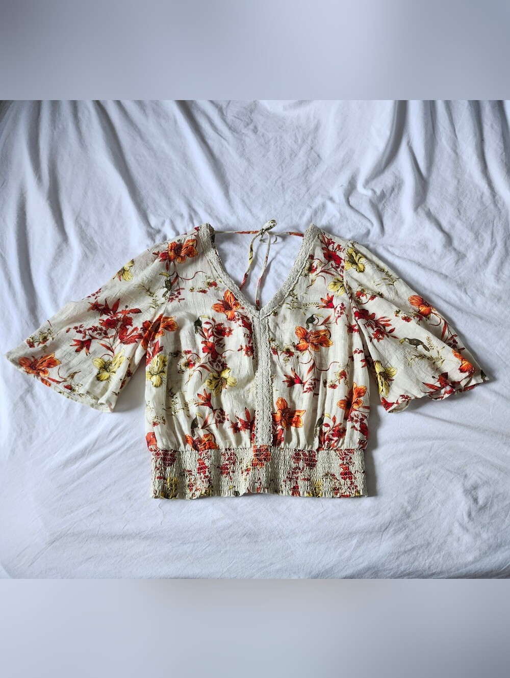 Cream Cotton Top with Floral & Bird Pattern